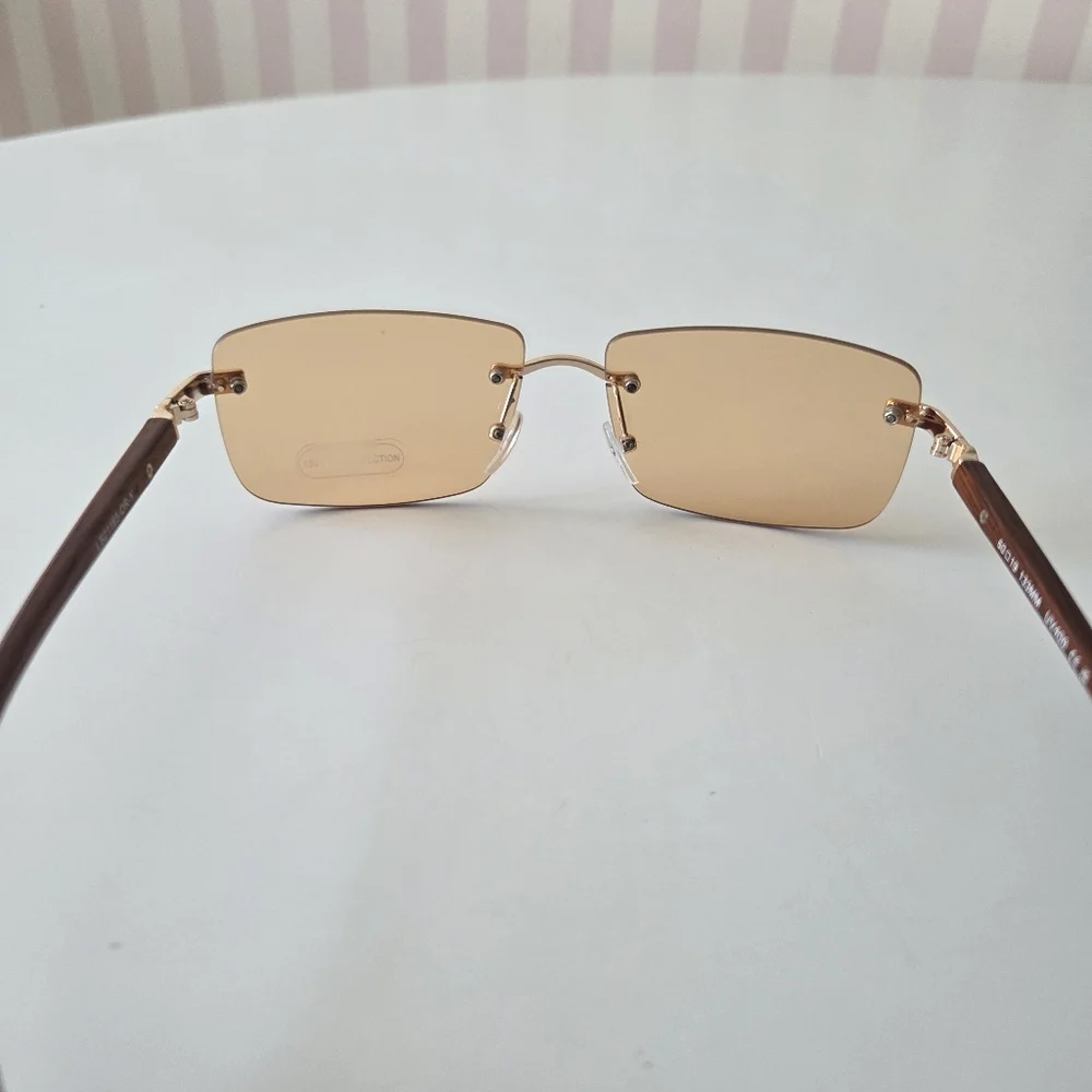 NWT Rimless Orange Tinted Gold Accent Wood Wayfare Sunglasses‎ UV 400 133mm